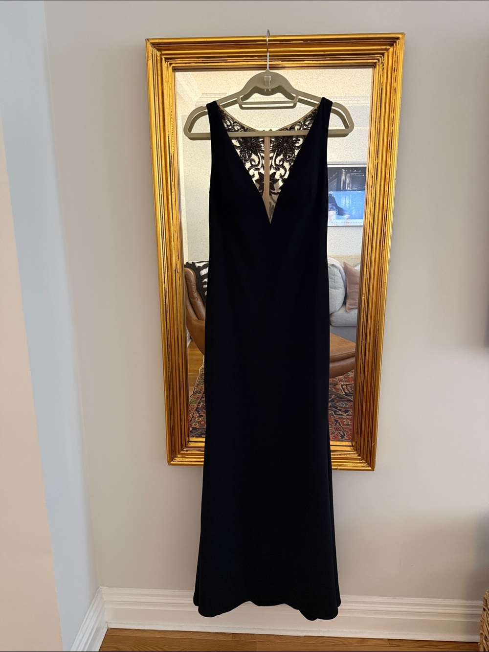 Elegant Black V-Neck Evening Gown with Lace Back Detail